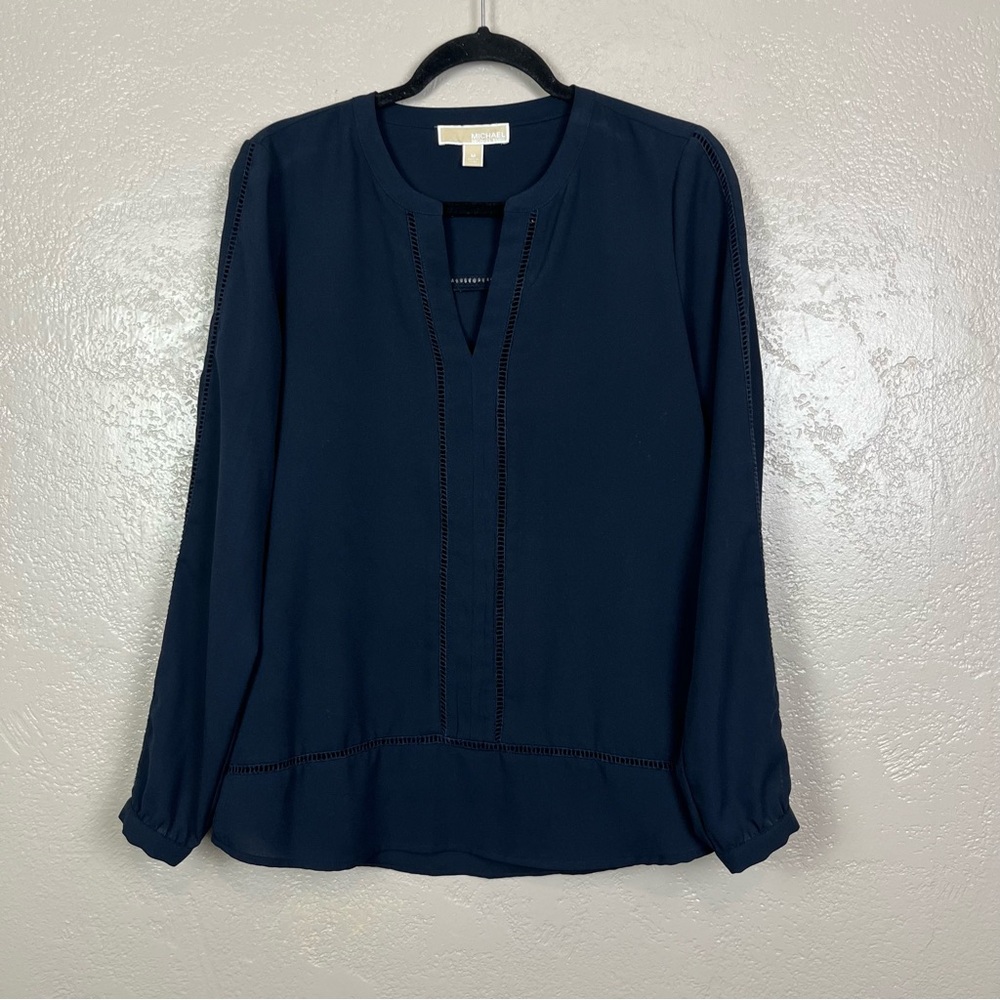 MICHAEL Michael Kors Navy Blue V-neck Long Sleeve Blouse‎ Size M - Picture 3 of 14